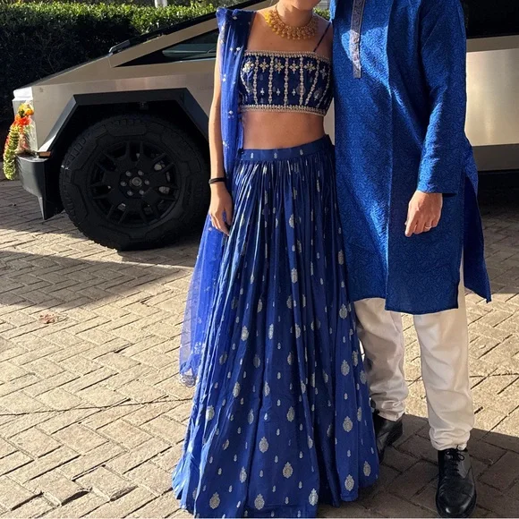 Elegant Royal Blue Embroidered Lehenga - Picture 2 of 13